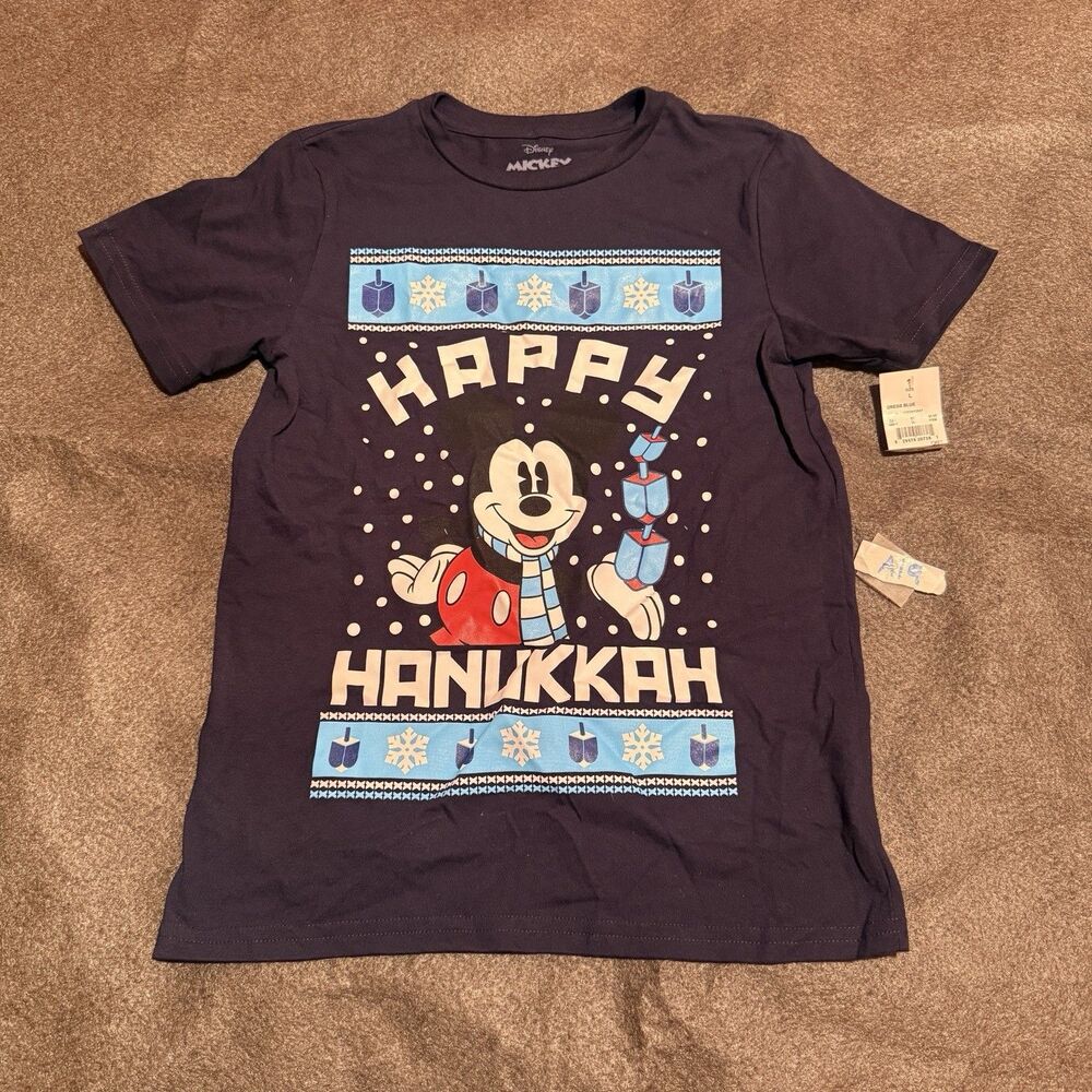 Disney Kids TShirt L Large Black Tee Shirt Hanukkah Mickey Mouse Holiday New
